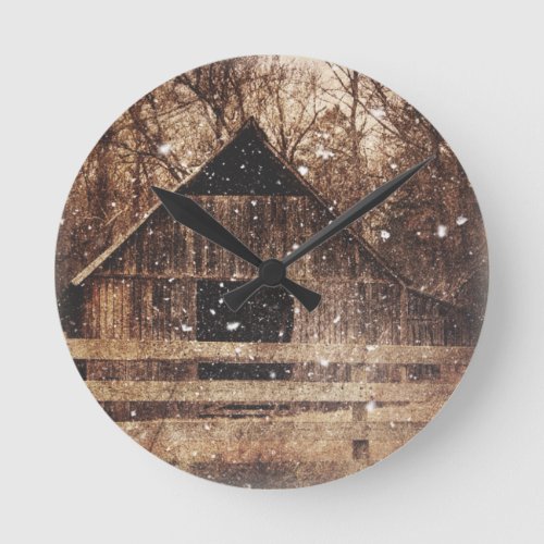 Primitive Winter Snow Country Rural Old Barn Round Clock