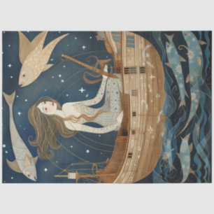 Primitive Woman With Fish Pisces Decoupage     Tissue Paper
