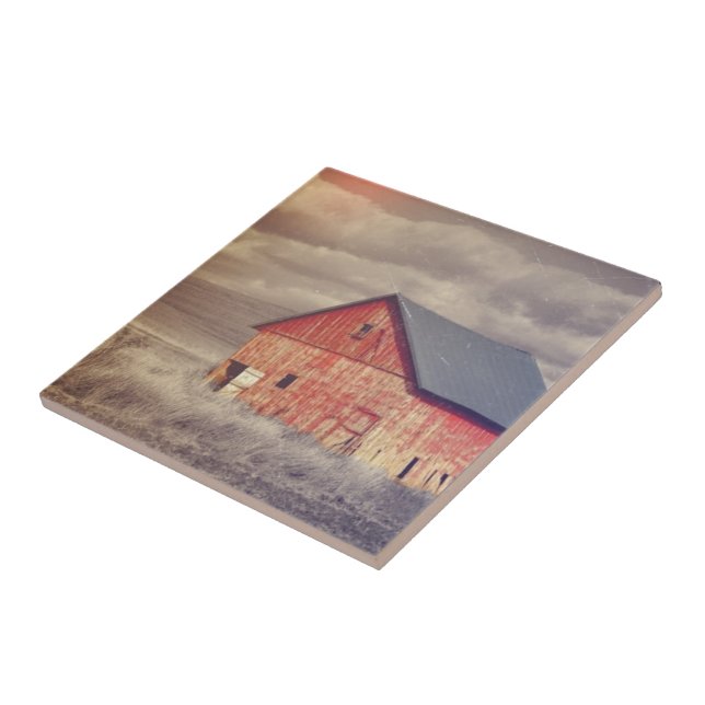 Primitive Wood Western Country farm Red Barn Ceramic Tile (Side)