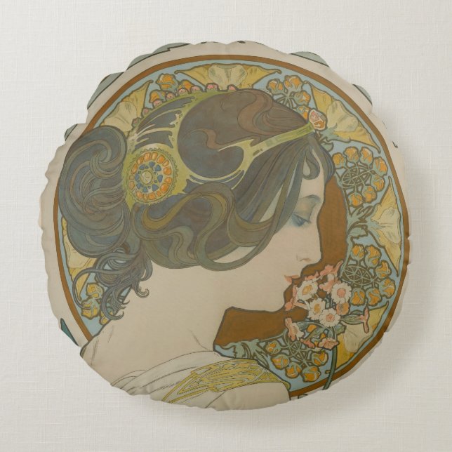 Primrose by Alphonse Mucha (1899) Round Pillow (Front)