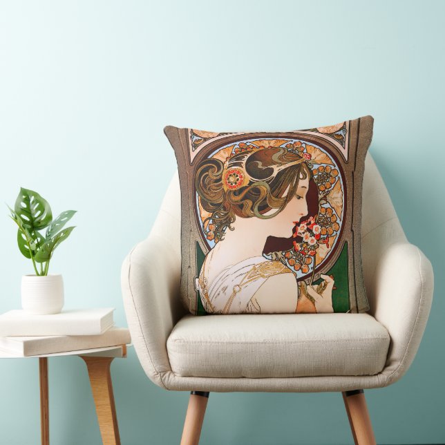 Primrose by Alphonse Mucha Throw Pillow (Chair)