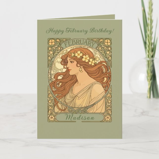 Primrose Flowers Art Nouveau Style February Birthd Card (Front)