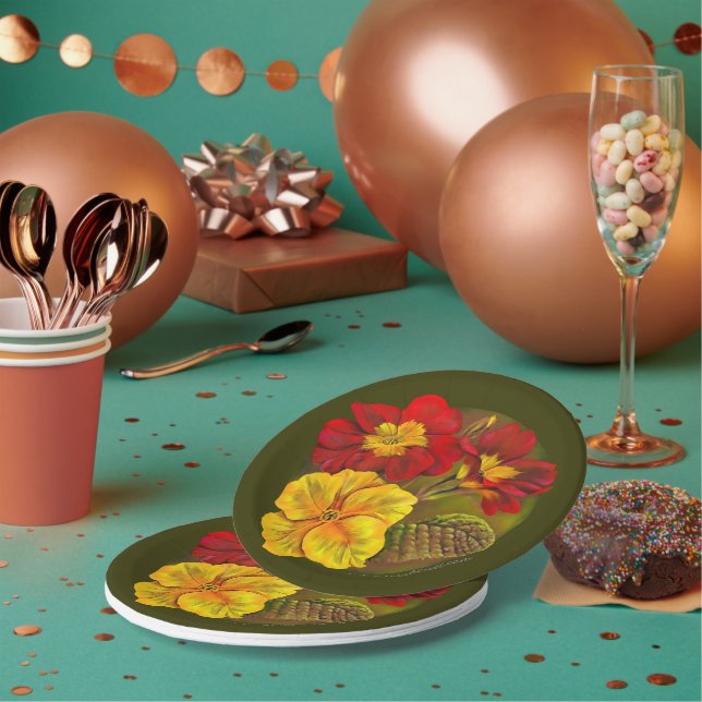 Primrose Yellow red green fine art spring painting Paper Plates (Multi)