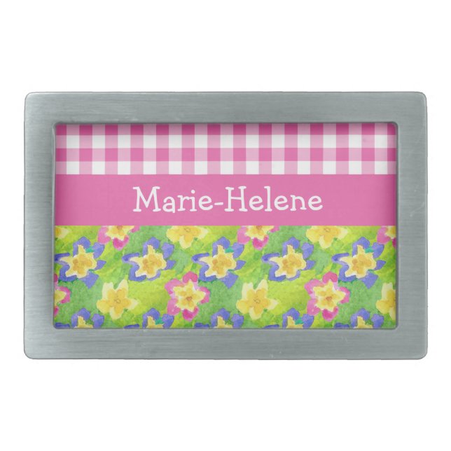Primroses Belt Buckle to Personalize: Pink Gingham (Front)
