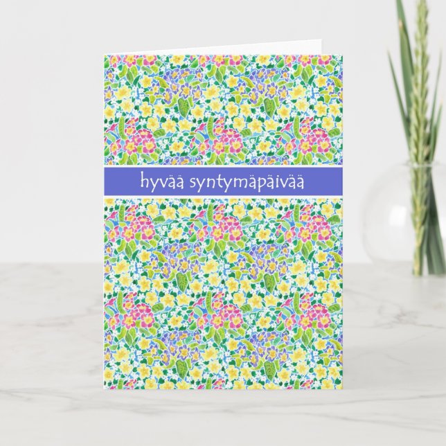 Primroses Birthday Card, Finnish Greeting Card (Front)