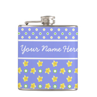 Primroses Hip Flask: Personalize: Polka Dots, Blue Flask