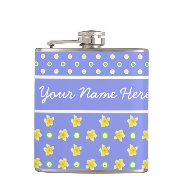 Primroses Hip Flask: Personalize: Polka Dots, Blue Flask (Front)