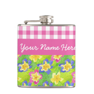 Primroses Hip Flask to Personalize: Pink Gingham