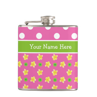 Primroses Hip Flask to Personalize Pink Polka Dots