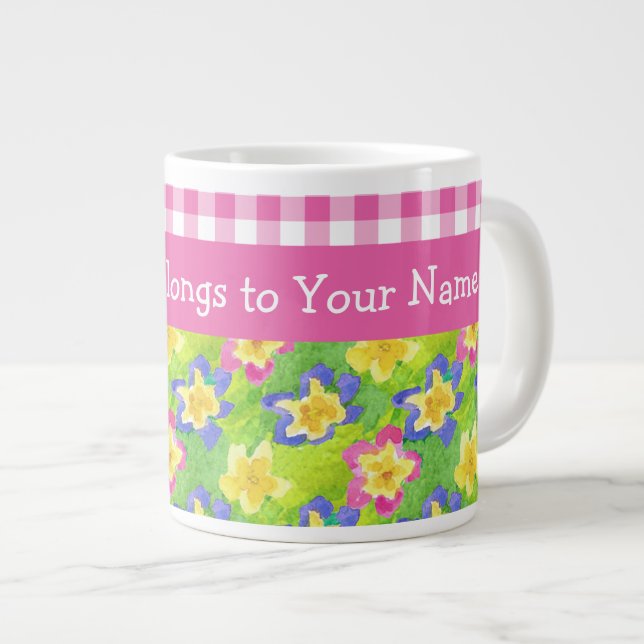 Primroses Jumbo Mug to Personalize: Pink Gingham (Front Right)