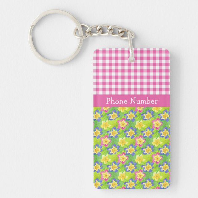 Primroses Keychain to Personalize: Pink Gingham (Front)