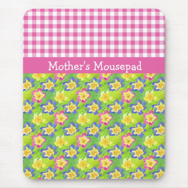 Primroses Mousepad to Personalize: Pink Gingham (Front)