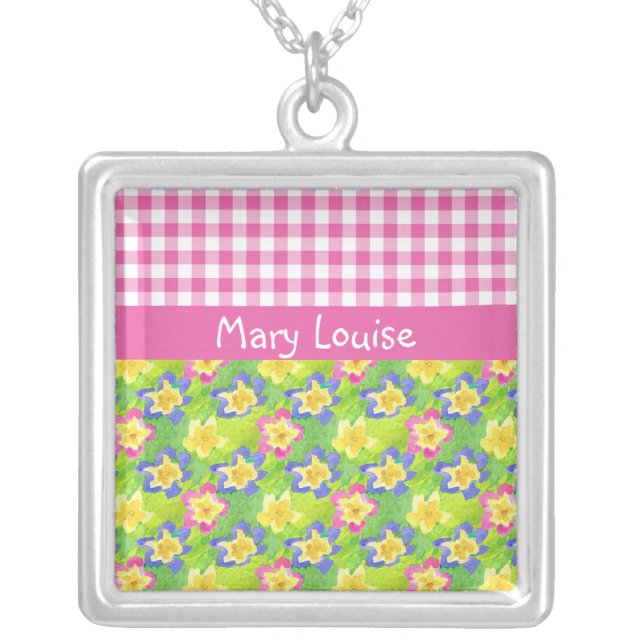 Primroses Necklace to Personalize: Pink Gingham (Front)