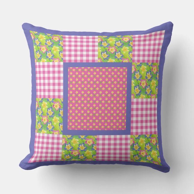 Primroses, Polka Dots and Gingham Throw Pillow (Front)