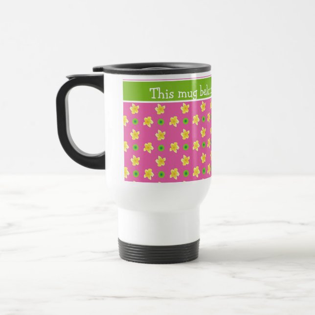 Primroses Travel Mug: Personalize Pink Polka Dots Mug (Left)