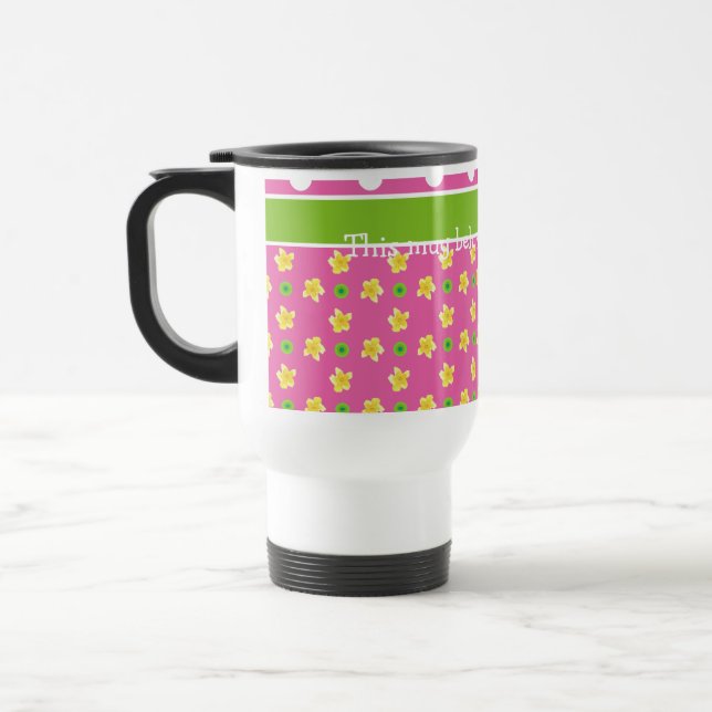 Primroses Travel Mug: Personalize Pink Polka Dots Travel Mug (Left)