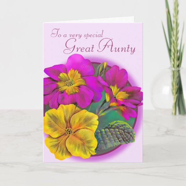 Primula Great Aunty pink purple birthday card (Front)