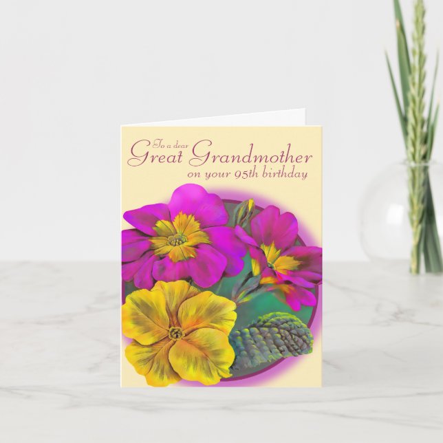 Primula great Grandmother 95 yellow birthday card (Front)
