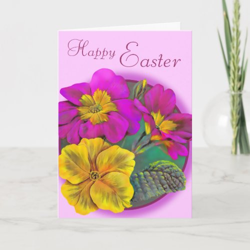 Primula Happy Easter pink and yellow flower card