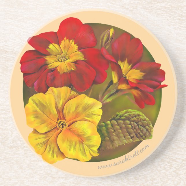 Primula primrose art spring flower painting drink coaster (Front)