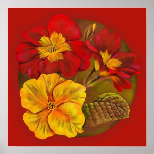 Primula red  yellow fine art botanical poster