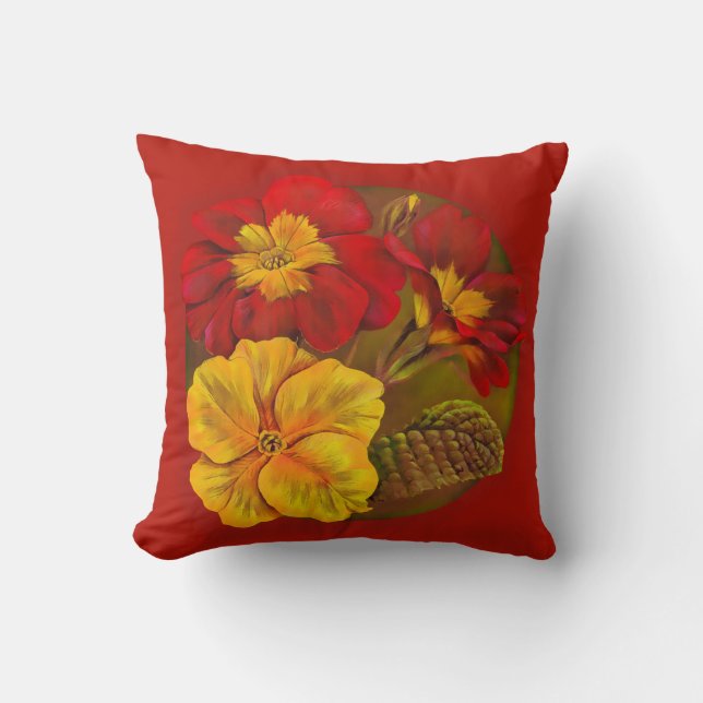 Primula red & yellow fine art flower pillow (Front)