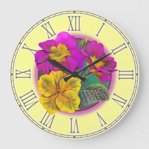 Primula yellow purple fine botanical wall clock