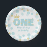 Prince 1st Birthday Blue Gold Paper Plates<br><div class="desc">This first birthday design features a gold prince crown accented with aqua blue and gold glitter confetti dots. Click the customize button for more flexibility with adding your own text! Variations of this design, additional colors, as well as coordinating products are available in our shop, zazzle.com/store/doodlelulu. Contact us if you...</div>