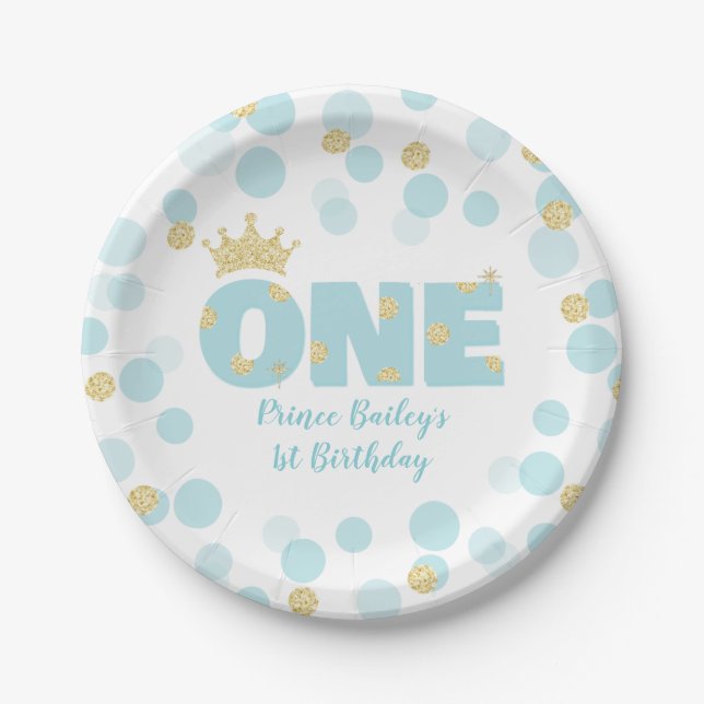 Prince 1st Birthday Blue Gold Paper Plates (Front)