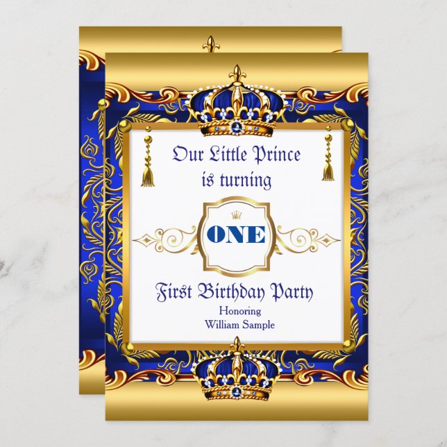 Prince 1st Birthday Blue Ornate Gold Invitation (Front/Back)