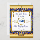 Prince 1st Birthday Blue Ornate Gold Invitation (Front)