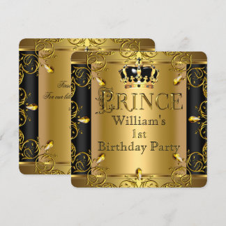 Prince 1st Birthday Boy black Gold Crown 2 Invitation