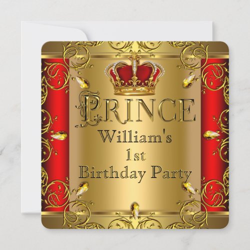 Prince 1st Birthday Boy Red Gold Crown 2 Invitation