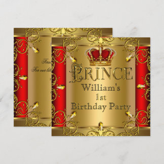 Prince 1st Birthday Boy Red Gold Crown 2 Invitation