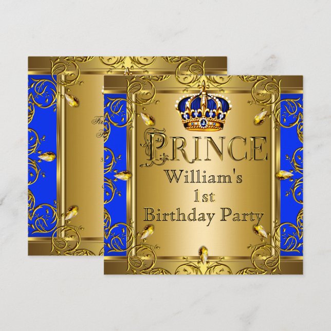 Prince 1st Birthday Boy Royal Blue Gold Crown 2 Invitation (Front/Back)
