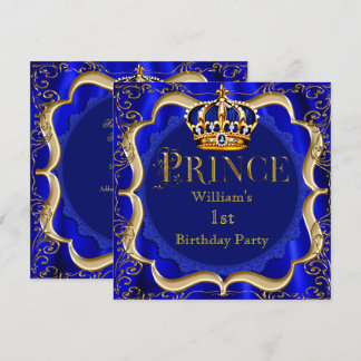 Prince 1st Birthday Boy Royal Blue Gold Crown A Invitation