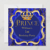 Prince 1st Birthday Boy Royal Blue Gold Crown A Invitation (Front)