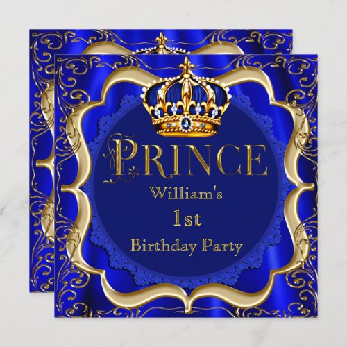 Prince 1st Birthday Boy Royal Blue Gold Crown A Invitation