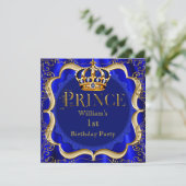 Prince 1st Birthday Boy Royal Blue Gold Crown A Invitation (Standing Front)