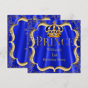 Prince 1st Birthday Boy Royal Blue Gold Crown B Invitation