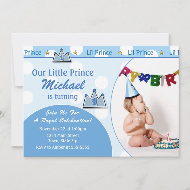Prince 1st Birthday Invitation 5x7 Photo Card (Front)
