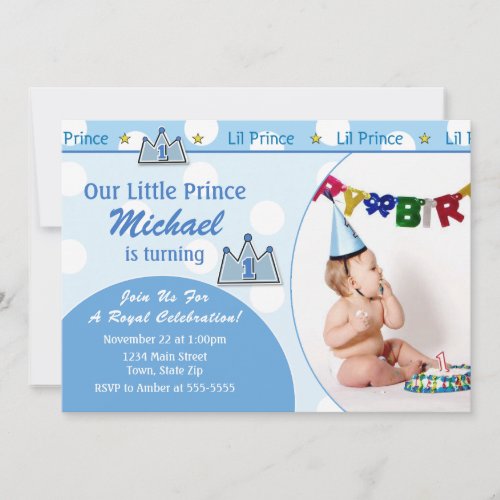 Prince 1st Birthday Invitation 5x7 Photo Card