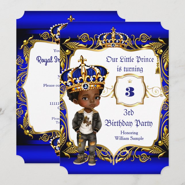 Prince 3rd Birthday party Blue Gold Crown Ethnic Invitation (Front/Back)