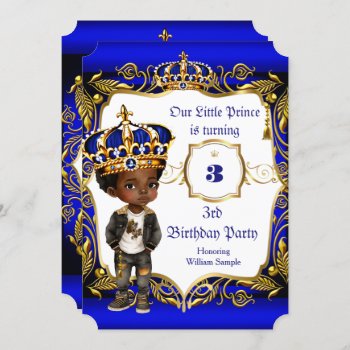 Prince 3rd Birthday Party Blue Gold Crown Ethnic Invitation by VintageBabyShop at Zazzle