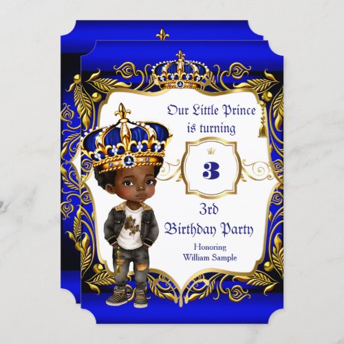 Prince 3rd Birthday party Blue Gold Crown Ethnic Invitation