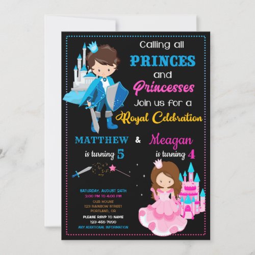 Prince and Princess birthday invitation Dual party