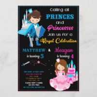 Prince and Princess birthday invitation Dual party