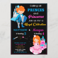 Prince and Princess birthday invitation Dual party