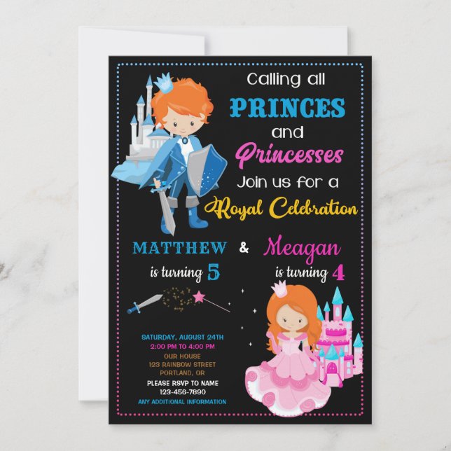 Prince and Princess birthday invitation Dual party (Front)