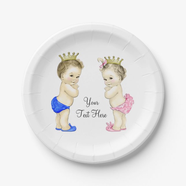Prince and Princess Boy and Girl Twin Baby Paper Plates (Front)
